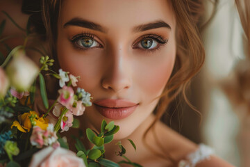 Naklejka premium A woman with green eyes and a pink flower in her hair. She is smiling and looking at the camera