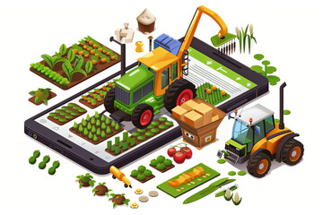 Isometric image of a smartphone and a lot of elements of agribusiness