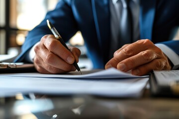 Close up of professional business man hands writing a note at table. Project manager holding a pen and making a contract while wearing formal suit at modern office with blurring background. AIG42.