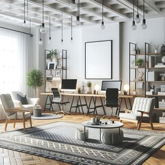 A Room with a mockup poster empty white and with a large rug and a large table with chairs and a large picture frame realistic art attractive image lively.
