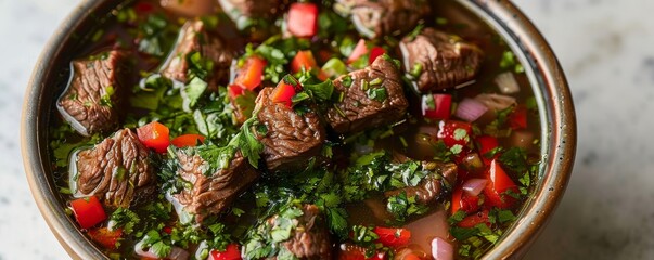 Fototapeta premium An overhead view of a beef pho bowl garnished with herbs on a white background