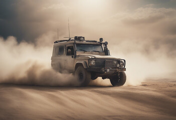 A 4x4 vehicle navigating a dessert, kicking up clouds of dust
