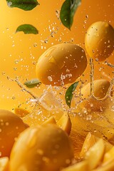 mango splashes and green leaves with yellow background