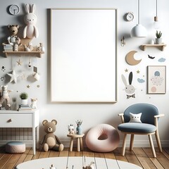 A Room with a mockup poster empty white and with a white poster and toys realistic attractive card design meaning image.