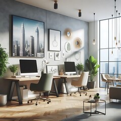 A Room with a mockup poster empty white and with computers and chairs in office realistic attractive art used for printing attractive.