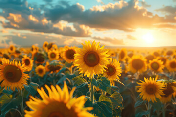 Sunrise over a field of sunflowers, beautiful, bright and cheerful nature landscape, showcasing the beauty of nature in this image for Ads, banner, magazine publication. Generative AI