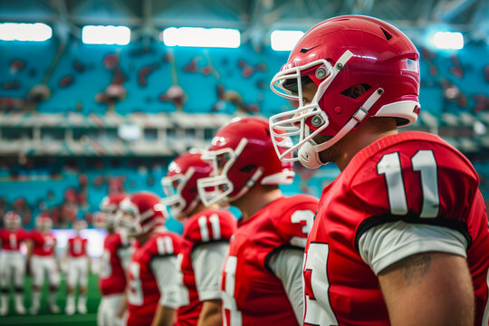 Football players in red uniforms stand in a row