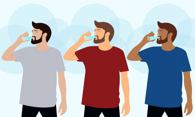 Fototapeta premium Set of three men drinking water from a glass flat cartoon vector illustration