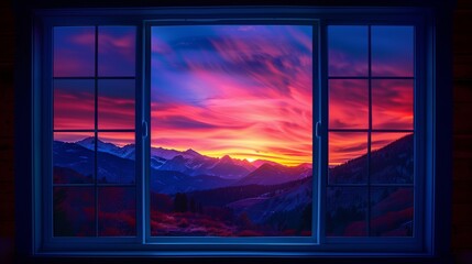 A vibrant sunrise painting the sky with fiery hues, casting a warm glow on the mountain range visible through a window, creating a stunning natural spectacle.