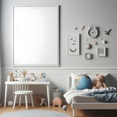 bedRoom with a mockup poster empty white and sets have mockup poster empty white have mockup poster empty white with a bed and a globe on the bed attractive has illustrative used for printing.