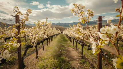 A vineyard in full bloom during springtime, with grapevines adorned with delicate white flowers,...