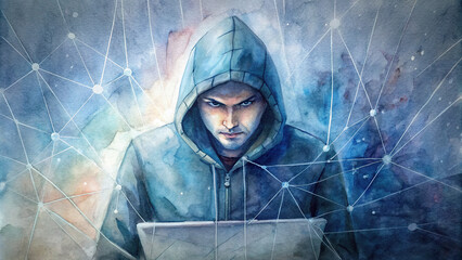 A hacker wearing a hoodie typing intensely on a laptop, with lines of code and binary digits projected onto their face, portraying the dark side of cyber technology