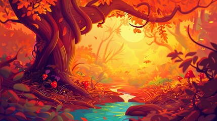 Magical Autumn Forest with Glowing Sunlight
