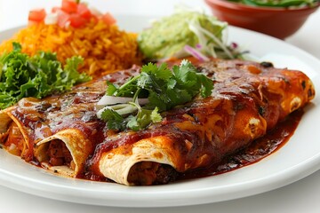 A plate of colorful enchiladas with sauces, captured from a top angle view on a white background