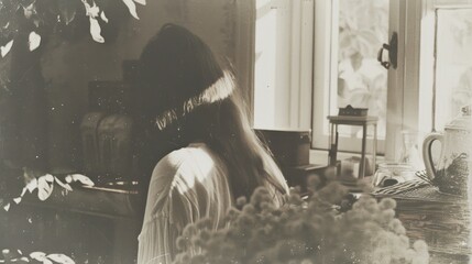 Vintage Sepia Woman by Window with Plants