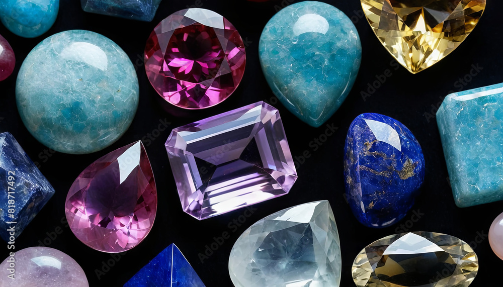 Poster a group of different colored rocks and gems are arranged in an assortment, showcasing a variety of t