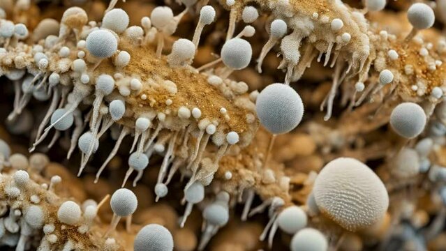 The growth of fungal spores on a decaying insect provides a captivating glimpse into the intricate structure of microscopic life