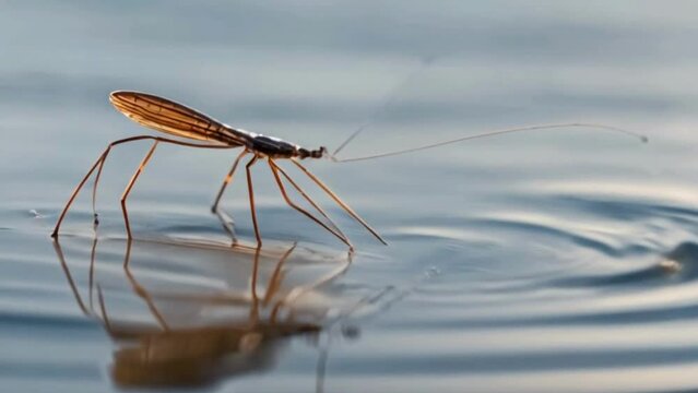 A water strider gliding effortlessly on the water surface