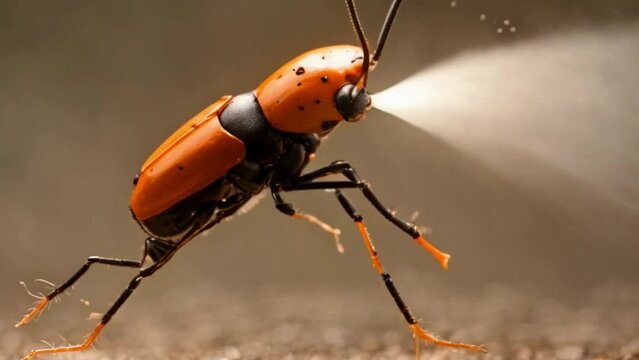 A bombardier beetle firing a defensive spray, capturing the tiny explosion in mid-air