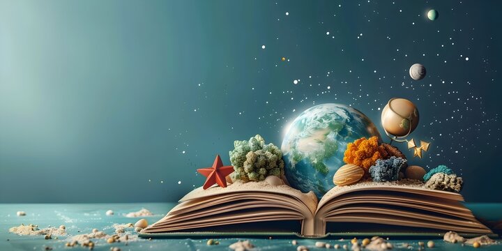 Captivating Adventure of Scientific Discoveries Through an Open Storybook Revealing Wonders of the Universe