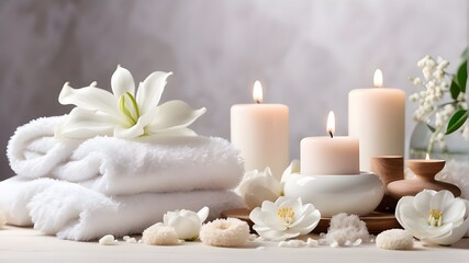 White luxurious concept spa background towel bathroom massage candle bath. Aromatherapy flower accessories, zen therapy, white wellness spa background towel, aroma beauty setting table salt