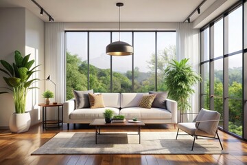 Fototapeta premium Modern Living Room with Natural Light. Minimalist Decor Concept. Bright and airy living room with a minimalist aesthetic, featuring a white sofa, simple furniture, and large windows.