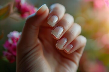 Naklejka premium Close-up view of a woman's hand adorned with a pink manicure. Beautiful simple AI generated image in 4K, unique.