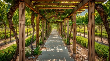 A wooden grapevine trellis in a vineyard, with vines trained in neat rows, showcasing the traditional vineyard architecture and meticulous cultivation practices that shape the landscape.