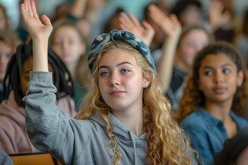 Young university student raising her hand in class waiting to answer the teacher, university concept and college student concept, notes concept, exams concept, campus concept, class study concept