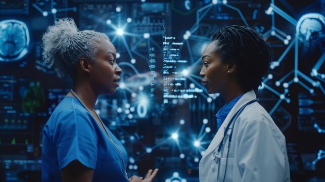 Surgery planning, wellness research, and hospital night collaboration involve doctors conversing or futuristic collaborations. AI overlay, medical, big data, or futuristic abstract graphic