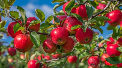 Obraz premium Natural, organic, garden, apple tree, sustainable, agriculture, agro environment. Healthy, eco-friendly, succulent red fruit or fresh, raw, sweet fruits on a field plant