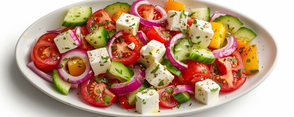 Top shot of a fresh Greek salad, vibrant colors, isolated on white