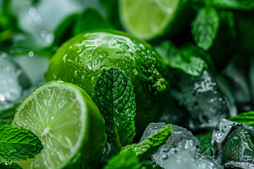 Limes and mint leaves on ice with water droplets