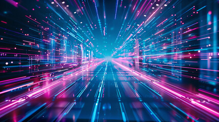 Obraz premium Tunnel and neon lines on black background 3D rendering