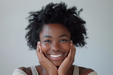 A woman's studio portrait with natural, wellness, or cosmetic skincare. African female model with facial dermatology looks healthy and young on a gray background.