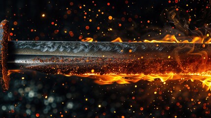 A sword being engulfed in flames, creating a fiery glow in a dark setting. The flames consume the blade, creating a menacing and powerful image
