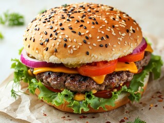 Vibrant vegan burger captured from above on a clean white backdrop