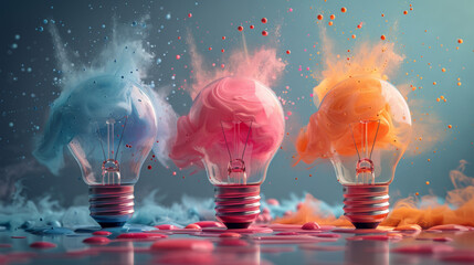Three light bulbs are lit up and are surrounded by colorful smoke. The smoke is coming out of the bulbs, creating a vibrant and dynamic scene - Powered by Adobe