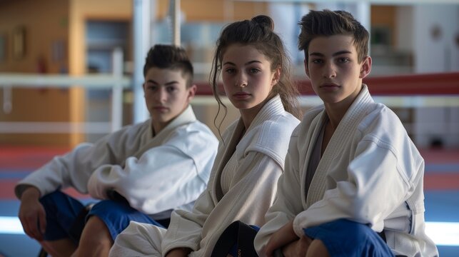 Portrait of karate group with coach in dojo ready to exercise. TKD, martial arts, or students kneeling with teacher before combat, contest, or fitness practice.