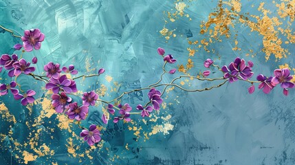 Abstract colorful art background with lilac flowers and gold flecks on a blue background, sprayed gold on leaves and on the background, artist's drawing