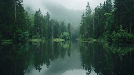 Tranquil forest lake surrounded by tall pine trees, with reflections of the forest in the still water.