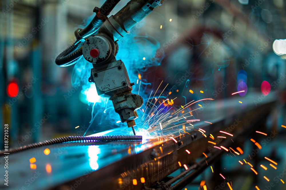 Poster industrial robot working on factory assembly line, 3d rendering of smart industrial robotic arm for 