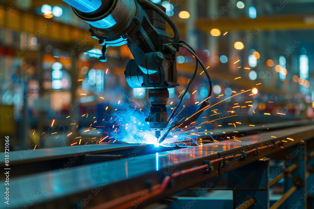 Poster industrial robot working on factory assembly line, 3d rendering of smart industrial robotic arm for 