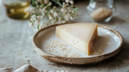 A delicate slice of creamy taleggio cheese with its washed rind, presented on a small plate.