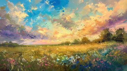 An impressionistic painting of a flower-filled meadow under a vibrant sky, capturing the essence of a sunny summer day. - Powered by Adobe
