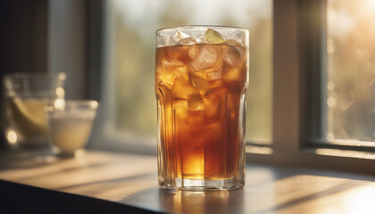 A frosted glass of iced tea on a sunlit windowsill

