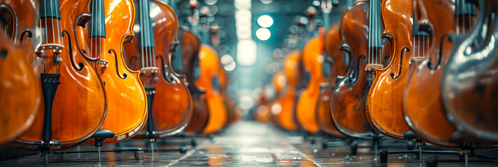 Rows of Violins and Cellos in a Music Store   Musical Instruments Display