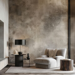Living room in gray and black colors. blank empty dark room interior. Design in minimalist style. Graphite sofa and herringbone beige accent. 3d render
