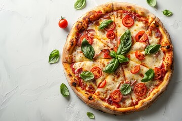 Veggie pizza with fresh ingredients showcased against a white backdrop in a top-down view