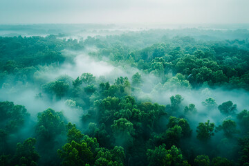 Obraz premium Aerial View of Misty Forest Canopy with Lush Green Foliage in Early Morning Light